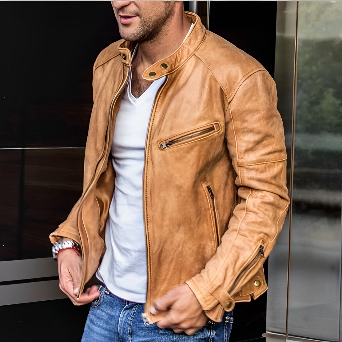 Men's Premium Leather Jacket with Stand Collar & Functional Zip Pockets - Stylish & Durable Outerwear