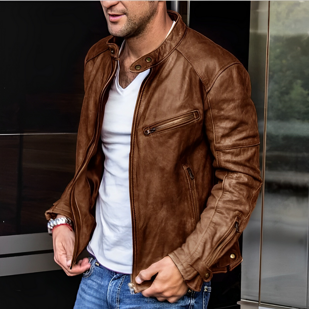 Men's Premium Leather Jacket with Stand Collar & Functional Zip Pockets - Stylish & Durable Outerwear