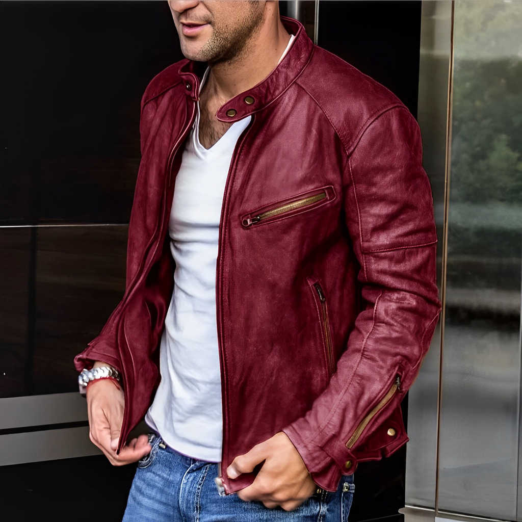 Men's Premium Leather Jacket with Stand Collar & Functional Zip Pockets - Stylish & Durable Outerwear