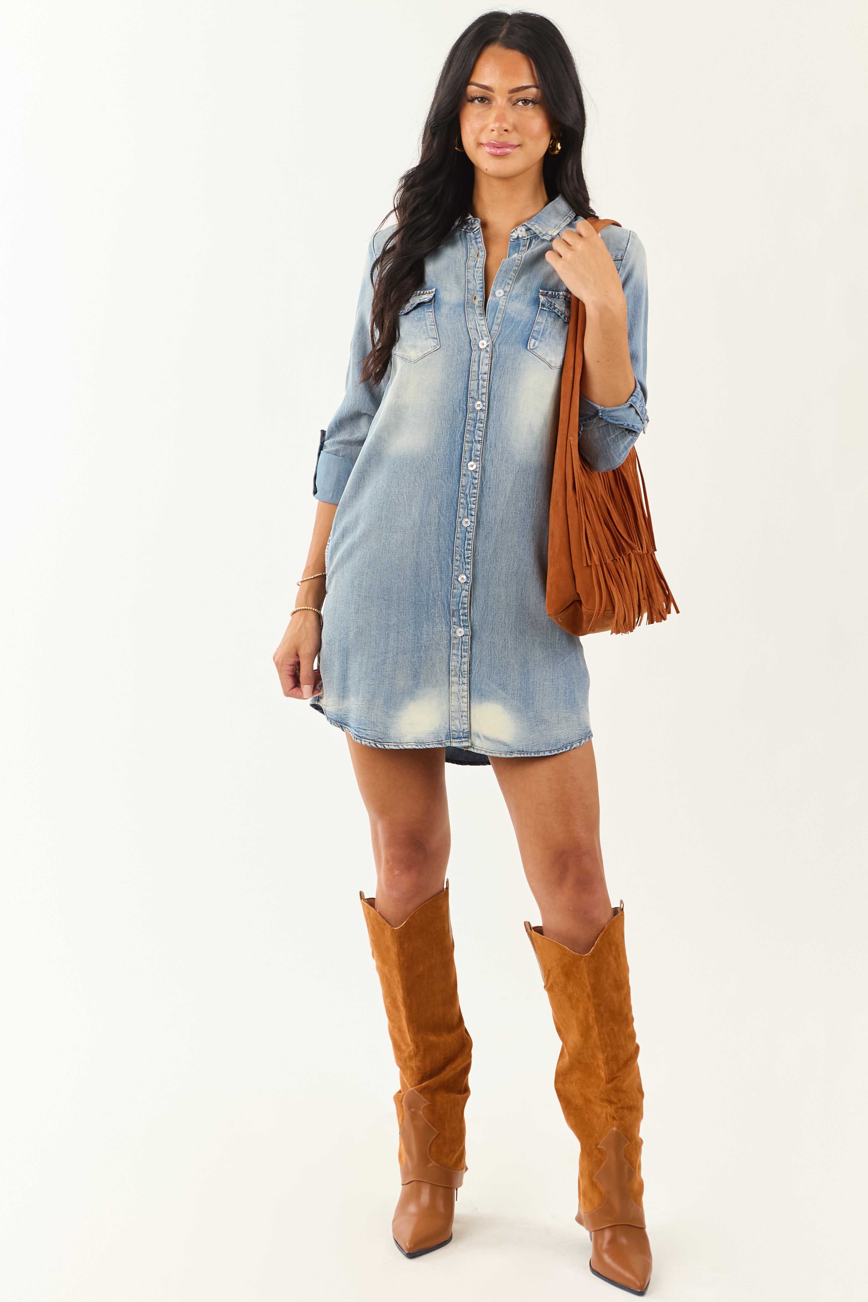 Chic Medium Vintage Wash Chambray Button Down Mini Dress for Effortless Style