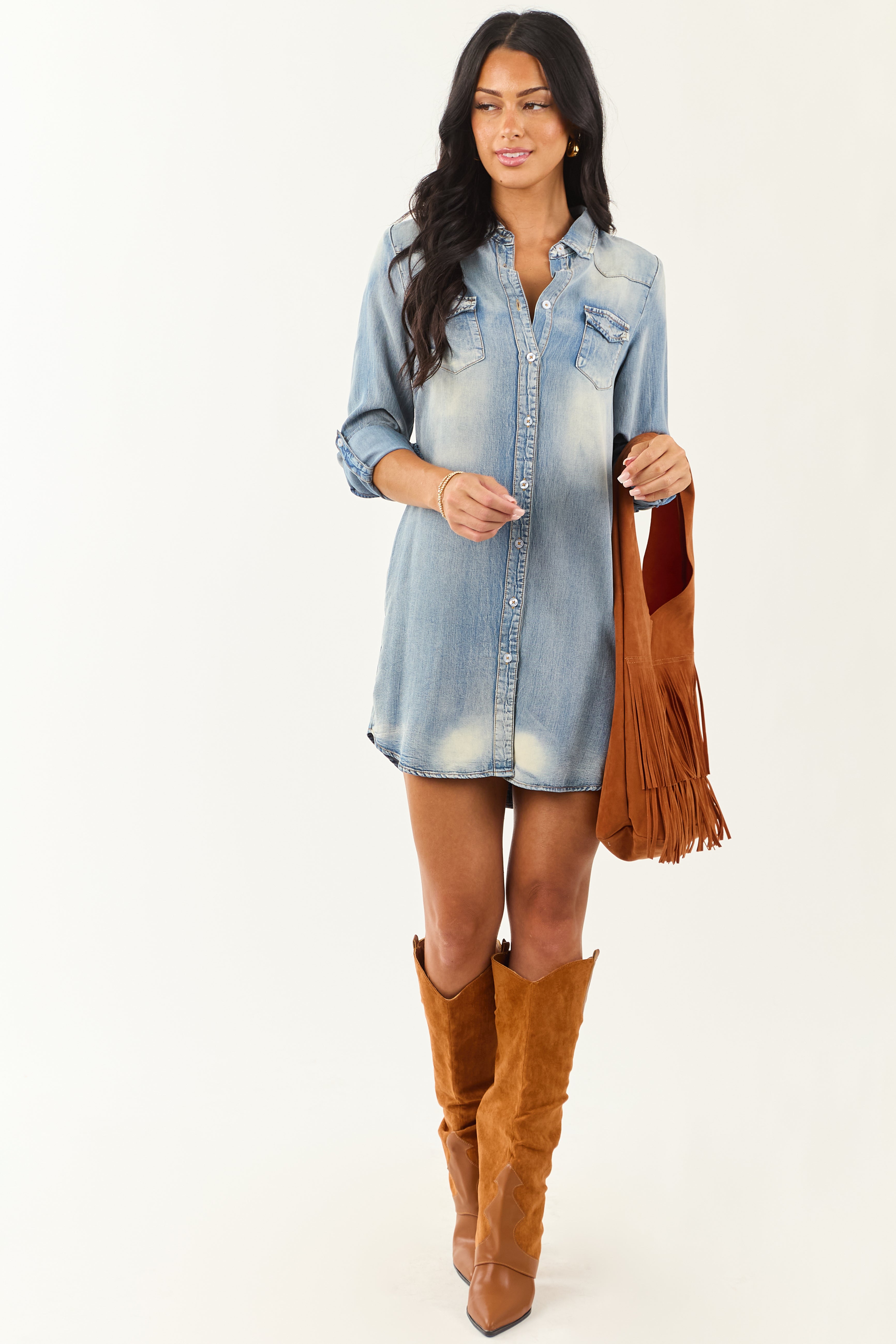 Chic Medium Vintage Wash Chambray Button Down Mini Dress for Effortless Style