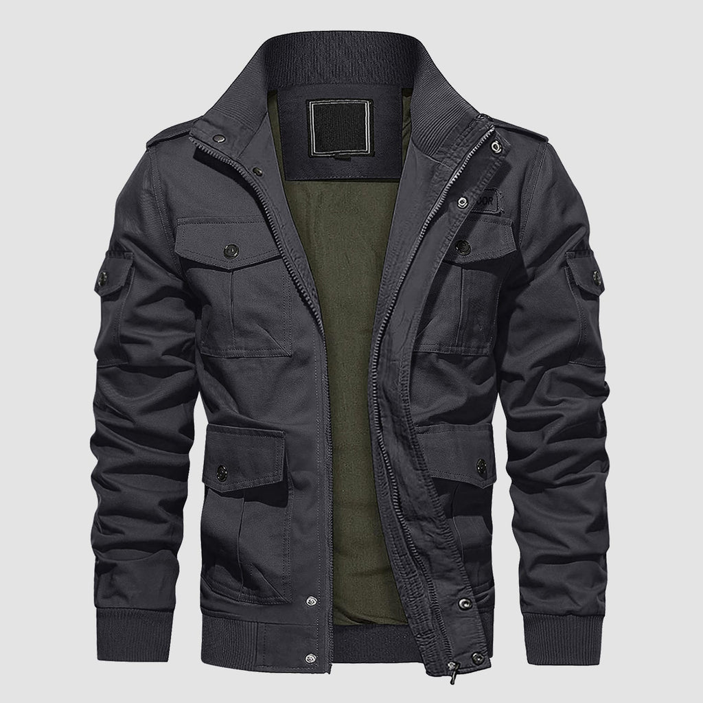 Men's Tactical Cargo Jacket - Stand Collar Cotton Casual Outerwear for Outdoor Activities & Everyday Wear