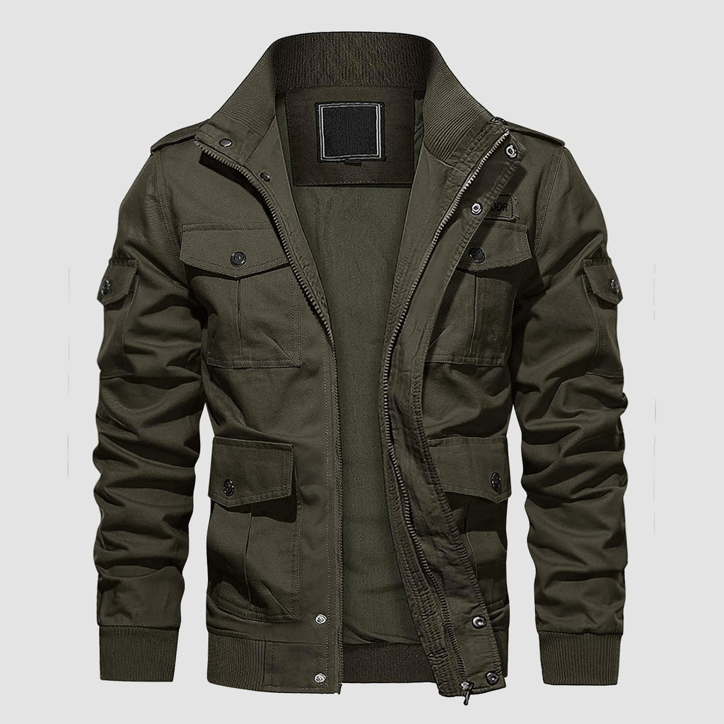 Men's Tactical Cargo Jacket - Stand Collar Cotton Casual Outerwear for Outdoor Activities & Everyday Wear