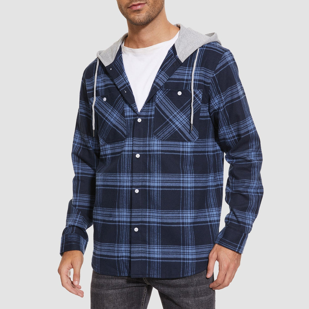 Men's Hooded Flannel Shirt Jacket - Long Sleeve Cotton Plaid - Stylish & Comfortable Outerwear