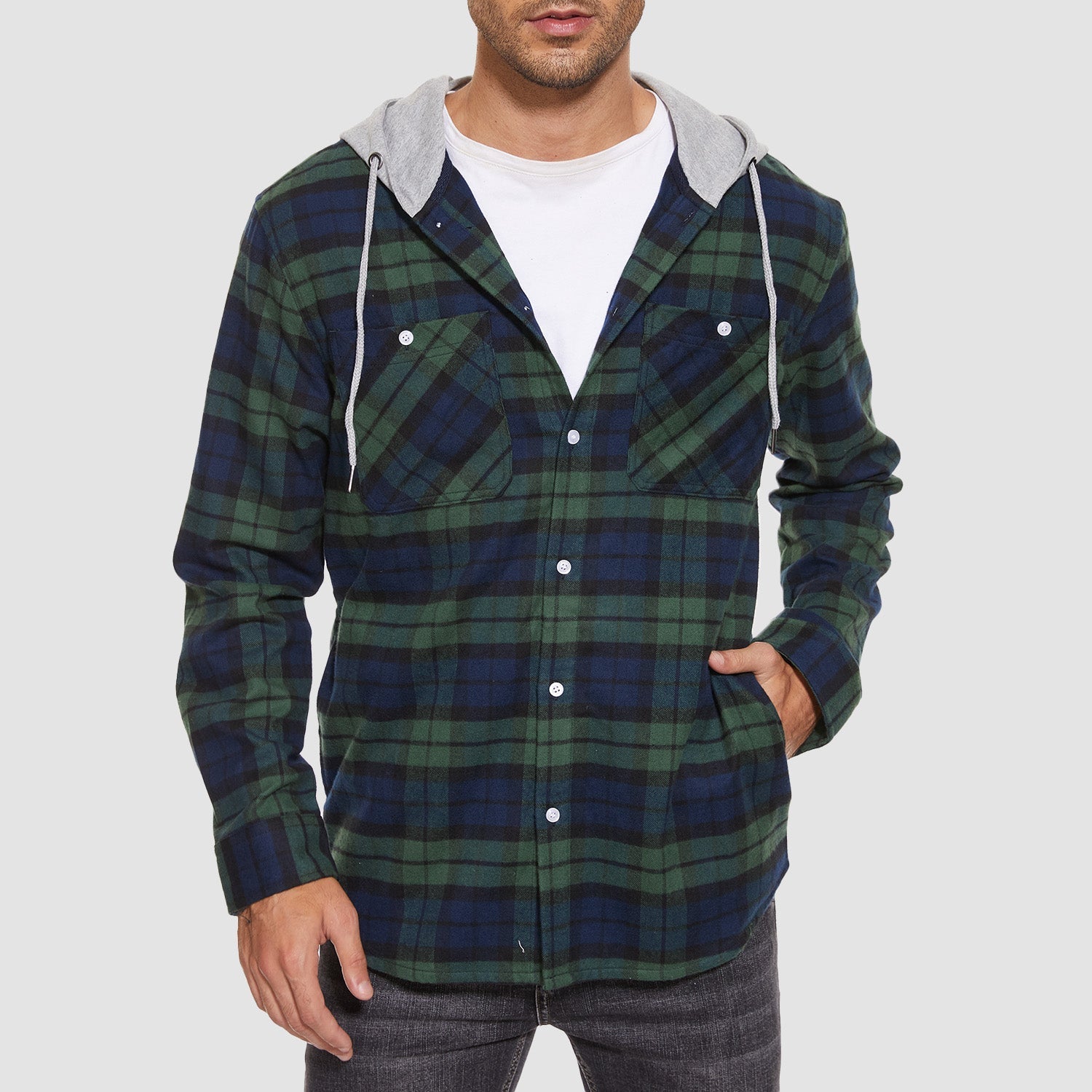 Men's Hooded Flannel Shirt Jacket - Long Sleeve Cotton Plaid - Stylish & Comfortable Outerwear