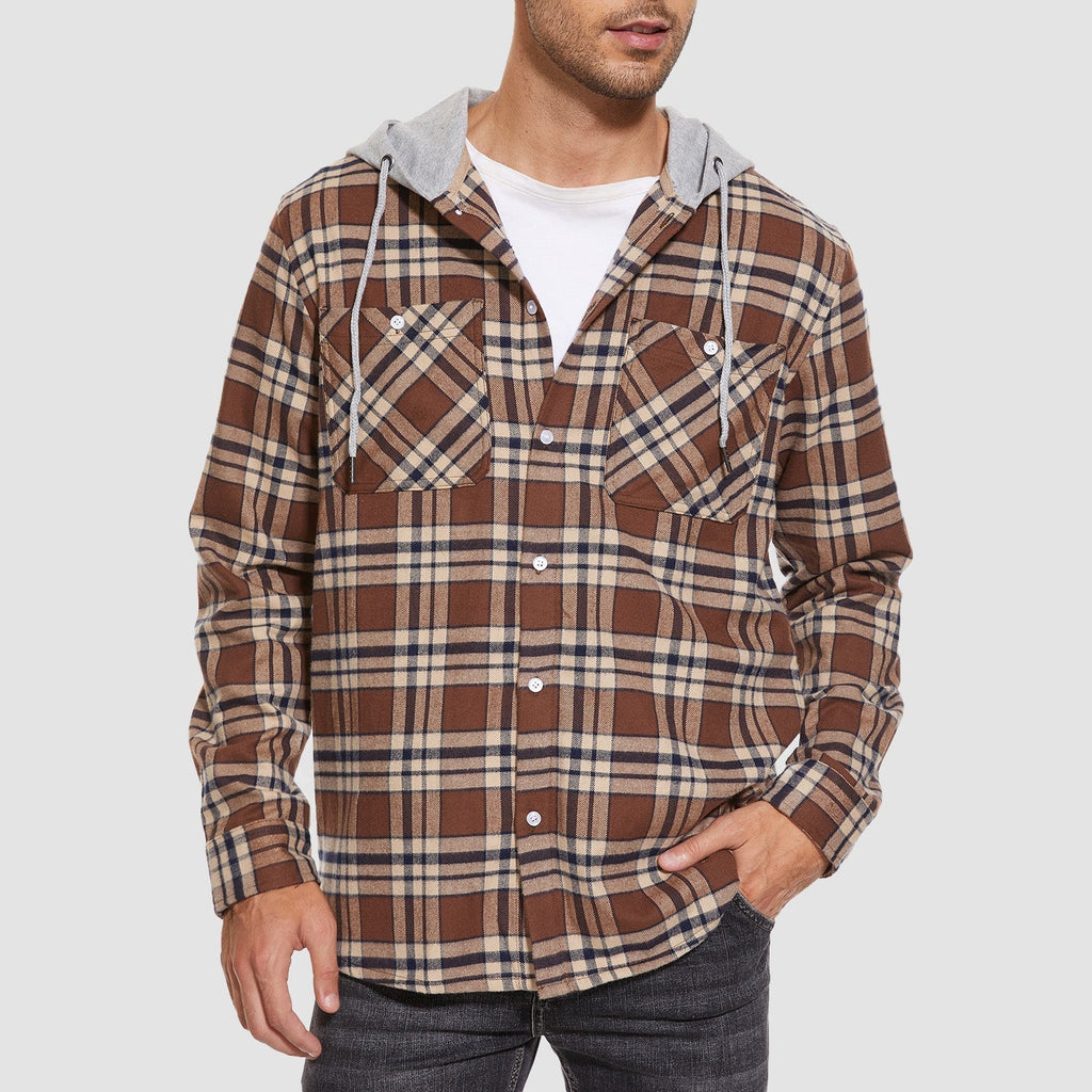 Men's Hooded Flannel Shirt Jacket - Long Sleeve Cotton Plaid - Stylish & Comfortable Outerwear