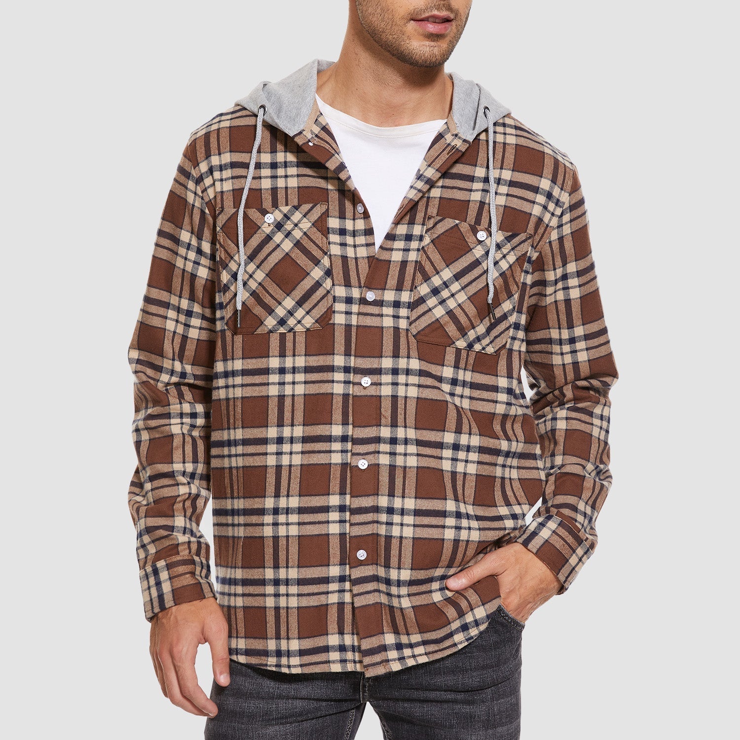Men's Hooded Flannel Shirt Jacket - Long Sleeve Cotton Plaid - Stylish & Comfortable Outerwear