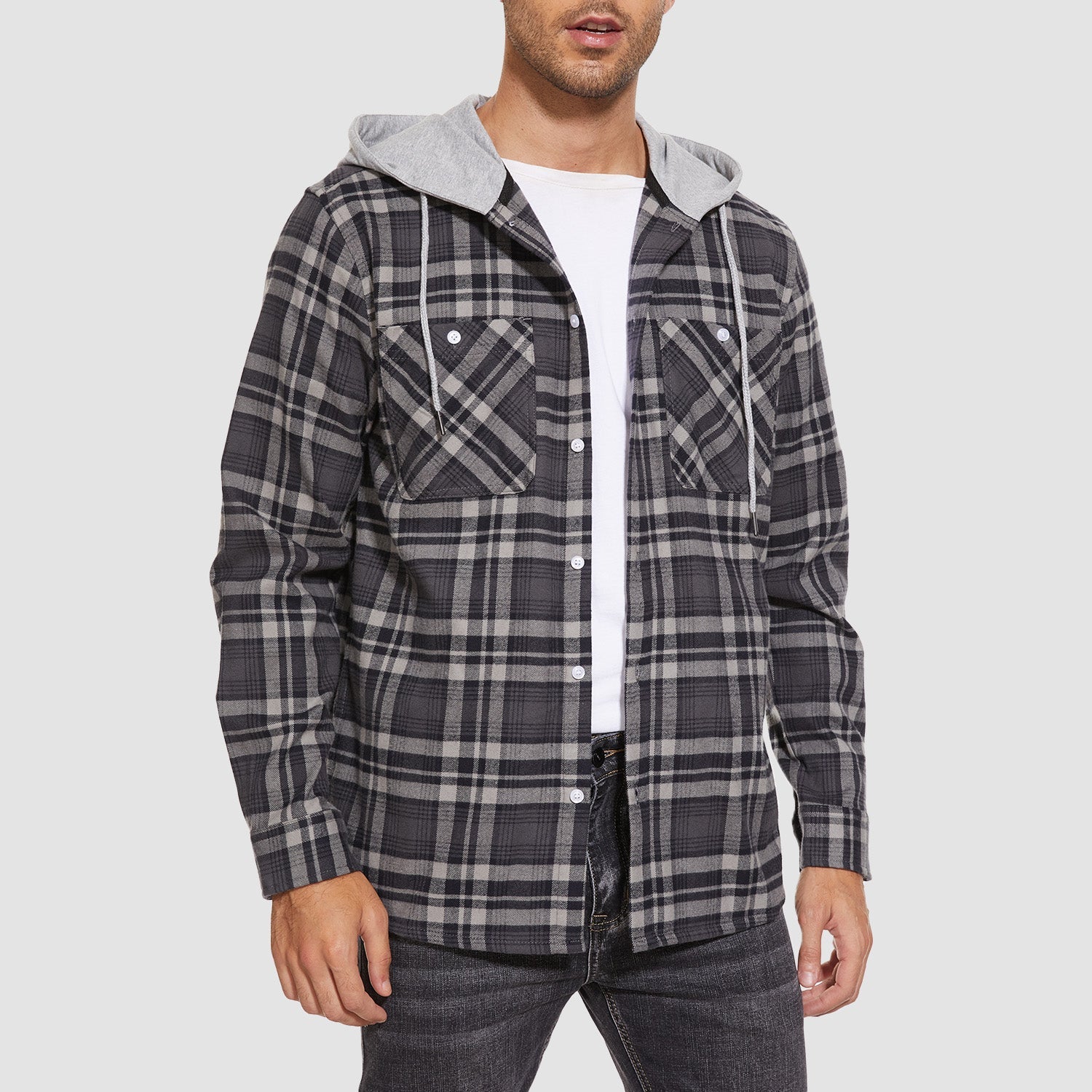 Men's Hooded Flannel Shirt Jacket - Long Sleeve Cotton Plaid - Stylish & Comfortable Outerwear