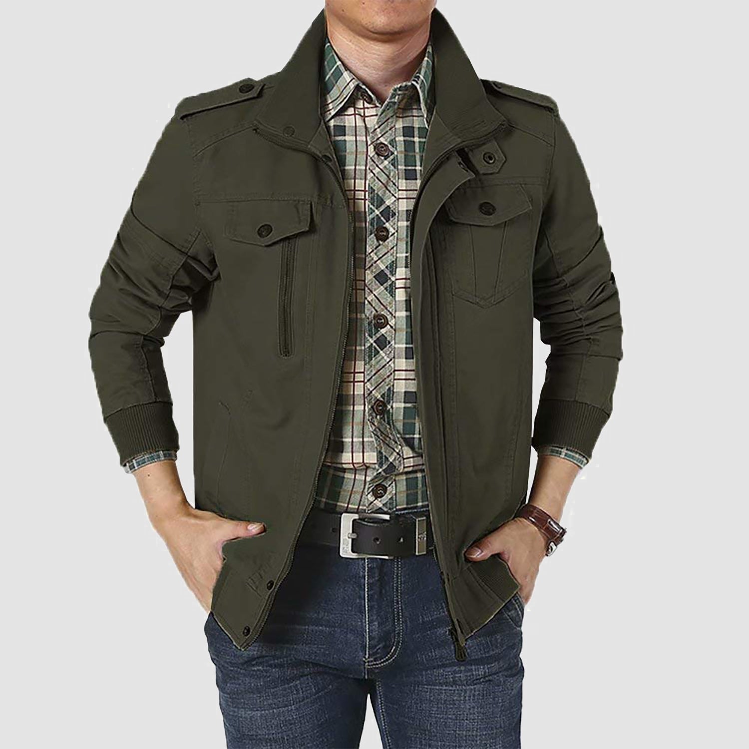 Men's Lightweight Cotton Military Bomber Jacket - Stylish Zip-Up Outerwear