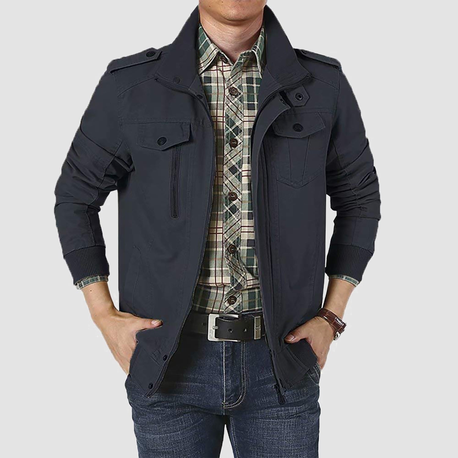 Men's Lightweight Cotton Military Bomber Jacket - Stylish Zip-Up Outerwear