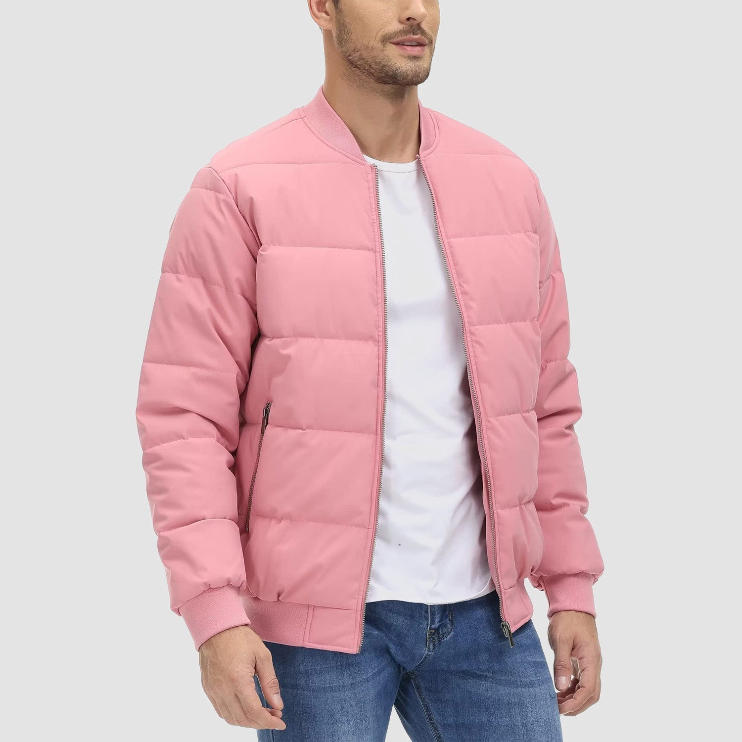 Men's Quilted Bomber Puffer Jacket - Warm, Windproof Outerwear for Ultimate Comfort and Style