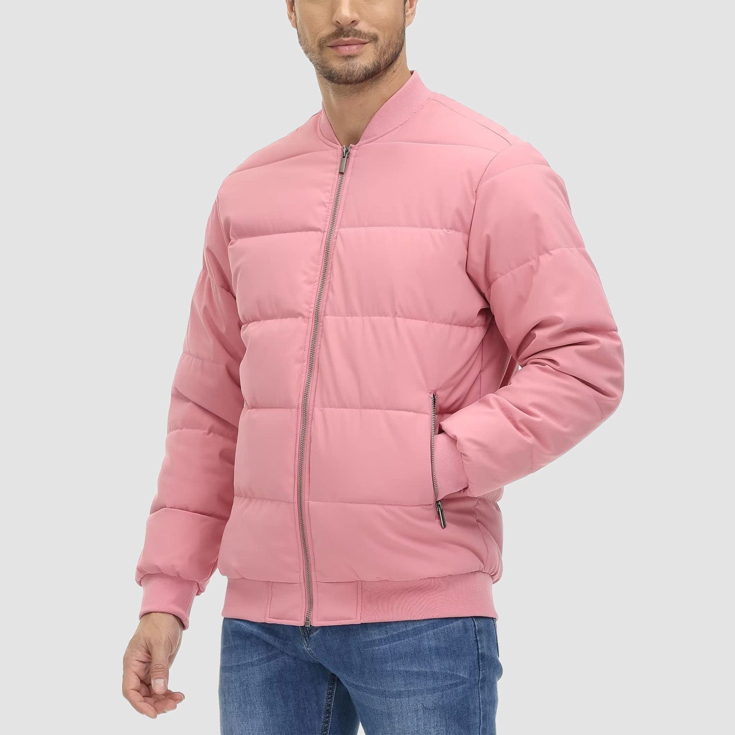 Men's Quilted Bomber Puffer Jacket - Warm, Windproof Outerwear for Ultimate Comfort and Style