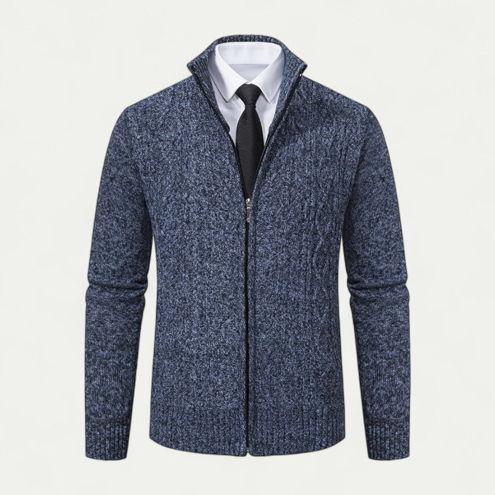 Men's High Collar Cable-Knit Zip-Up Cardigan with Ribbed Hem - Stylish & Cozy Knitwear