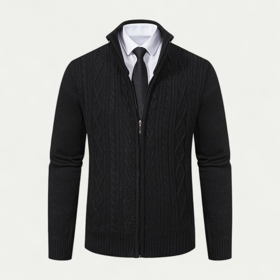 Men's High Collar Cable-Knit Zip-Up Cardigan with Ribbed Hem - Stylish & Cozy Knitwear