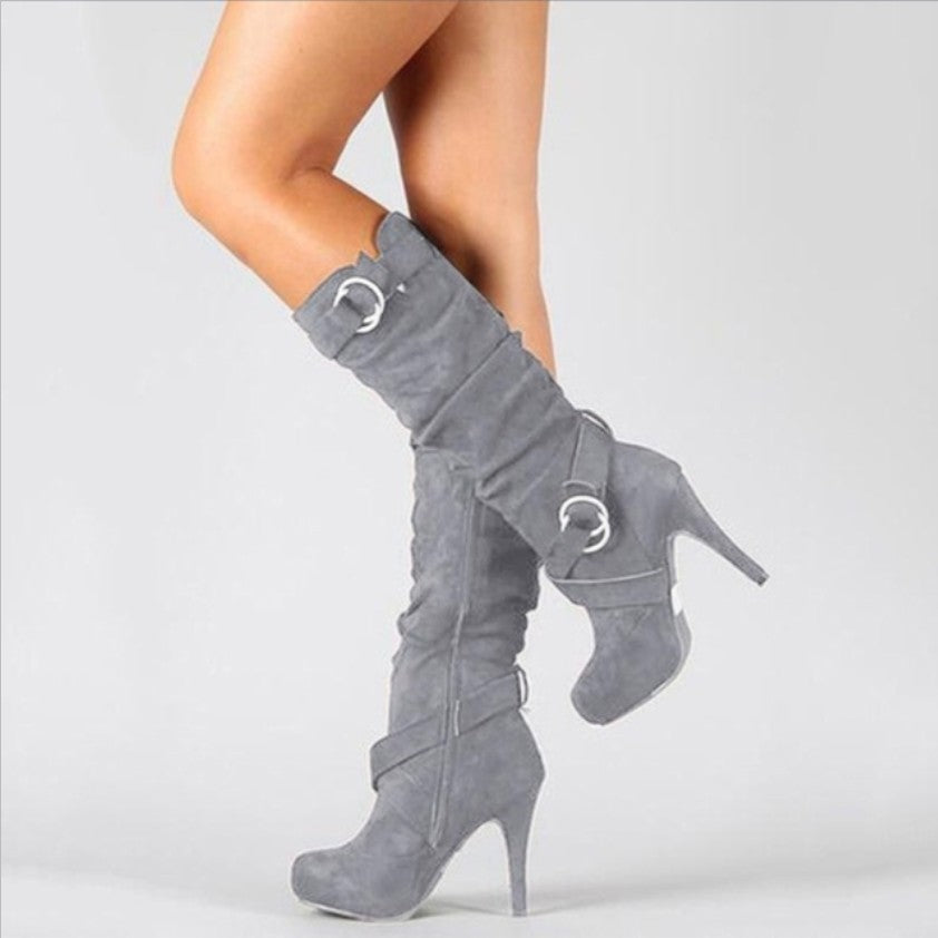 Stylish Women's Knee High Stiletto Heel Boots with Buckle Strap - Trendy Footwear for Fashionable Outfits