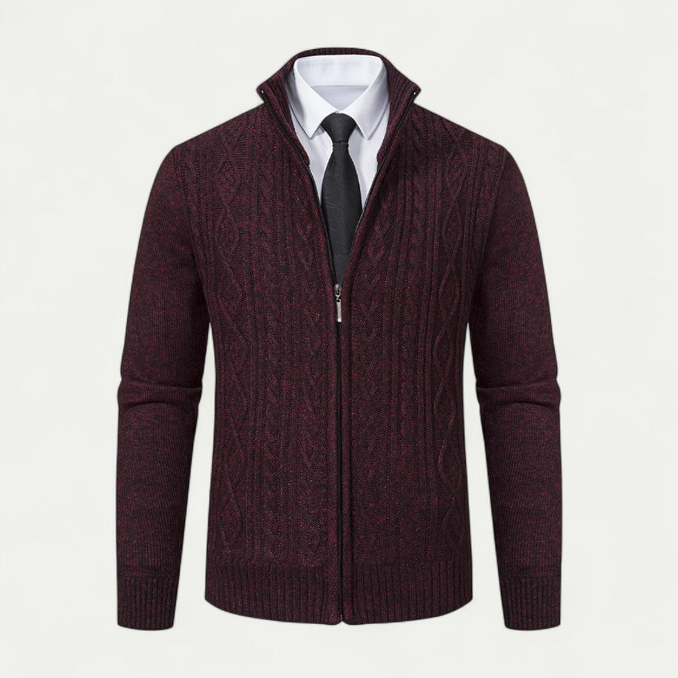 Men's High Collar Cable-Knit Zip-Up Cardigan with Ribbed Hem - Stylish & Cozy Knitwear