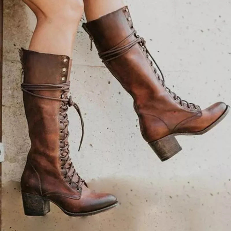 Stylish Women's Knee High Lace-Up Boots with Chunky Heel - Perfect for Fall Fashion