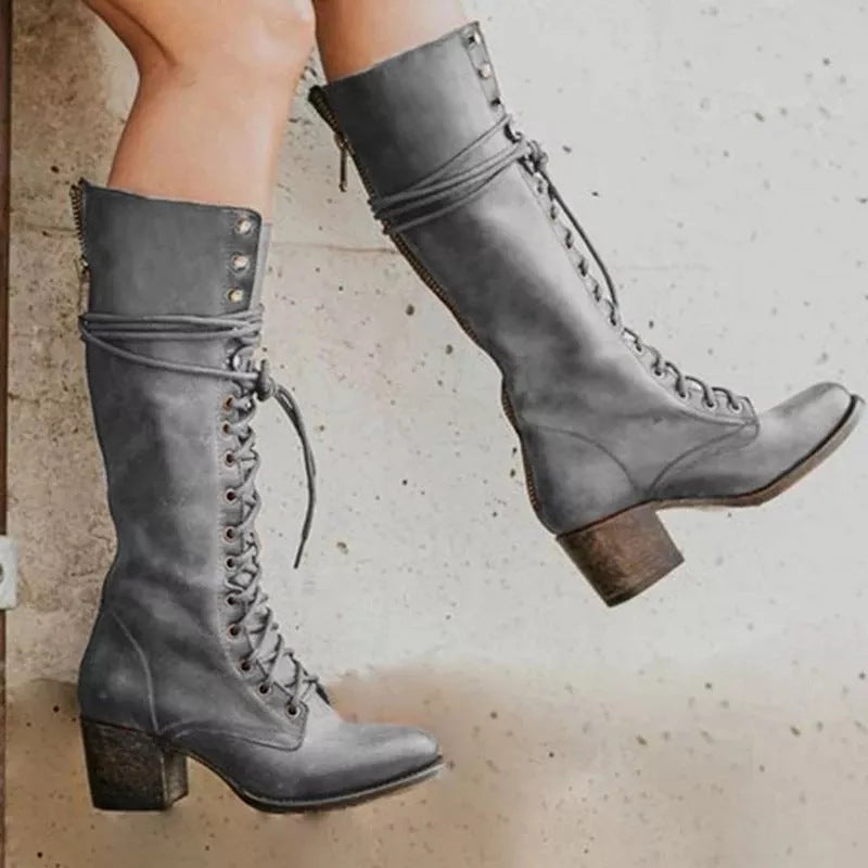 Stylish Women's Knee High Lace-Up Boots with Chunky Heel - Perfect for Fall Fashion