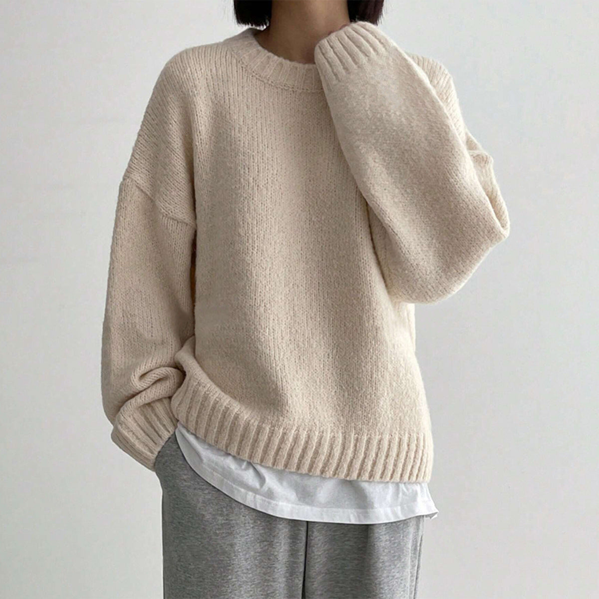 Cozy Women's Oversized Knit Jumper - Crew Neck & Ribbed Trim Sweater for Ultimate Comfort