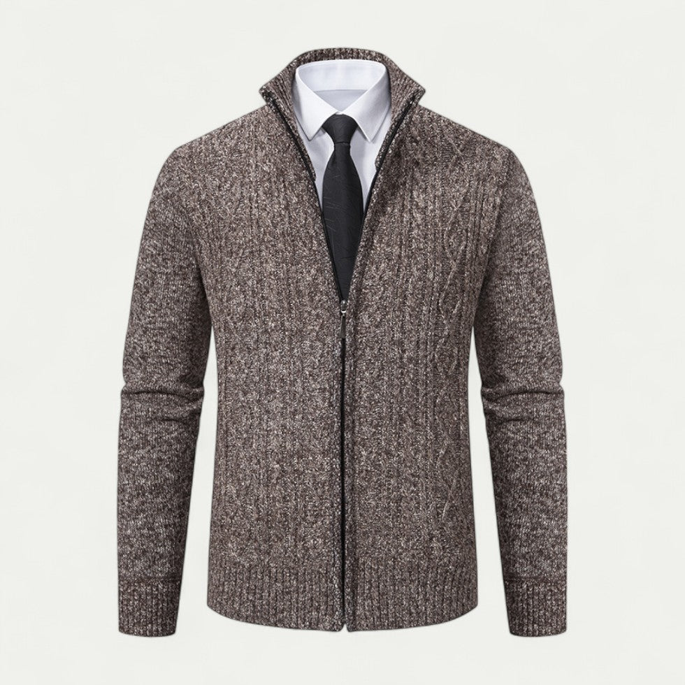 Men's High Collar Cable-Knit Zip-Up Cardigan with Ribbed Hem - Stylish & Cozy Knitwear