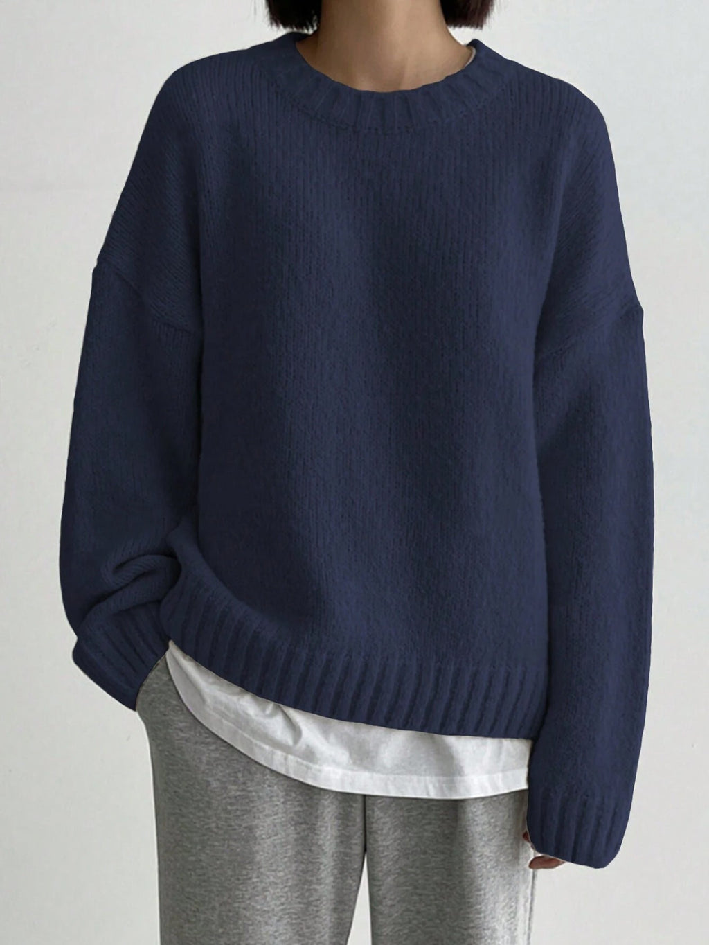 Cozy Women's Oversized Knit Jumper - Crew Neck & Ribbed Trim Sweater for Ultimate Comfort