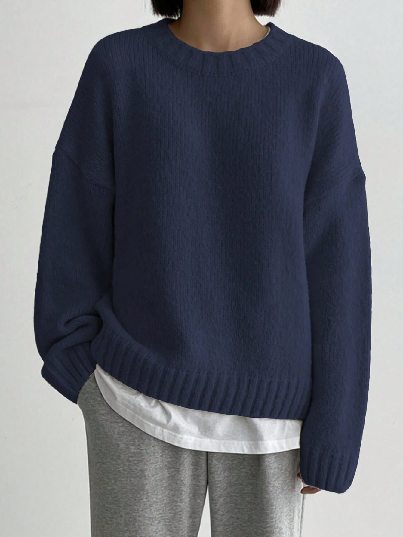 Cozy Women's Oversized Knit Jumper - Crew Neck & Ribbed Trim Sweater for Ultimate Comfort