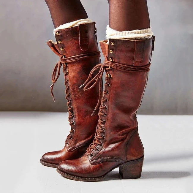 Stylish Women's Knee High Lace-Up Boots with Chunky Heel - Perfect for Fall Fashion