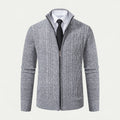 Men's High Collar Cable-Knit Zip-Up Cardigan with Ribbed Hem - Stylish & Cozy Knitwear