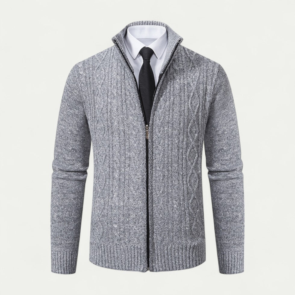 Men's High Collar Cable-Knit Zip-Up Cardigan with Ribbed Hem - Stylish & Cozy Knitwear