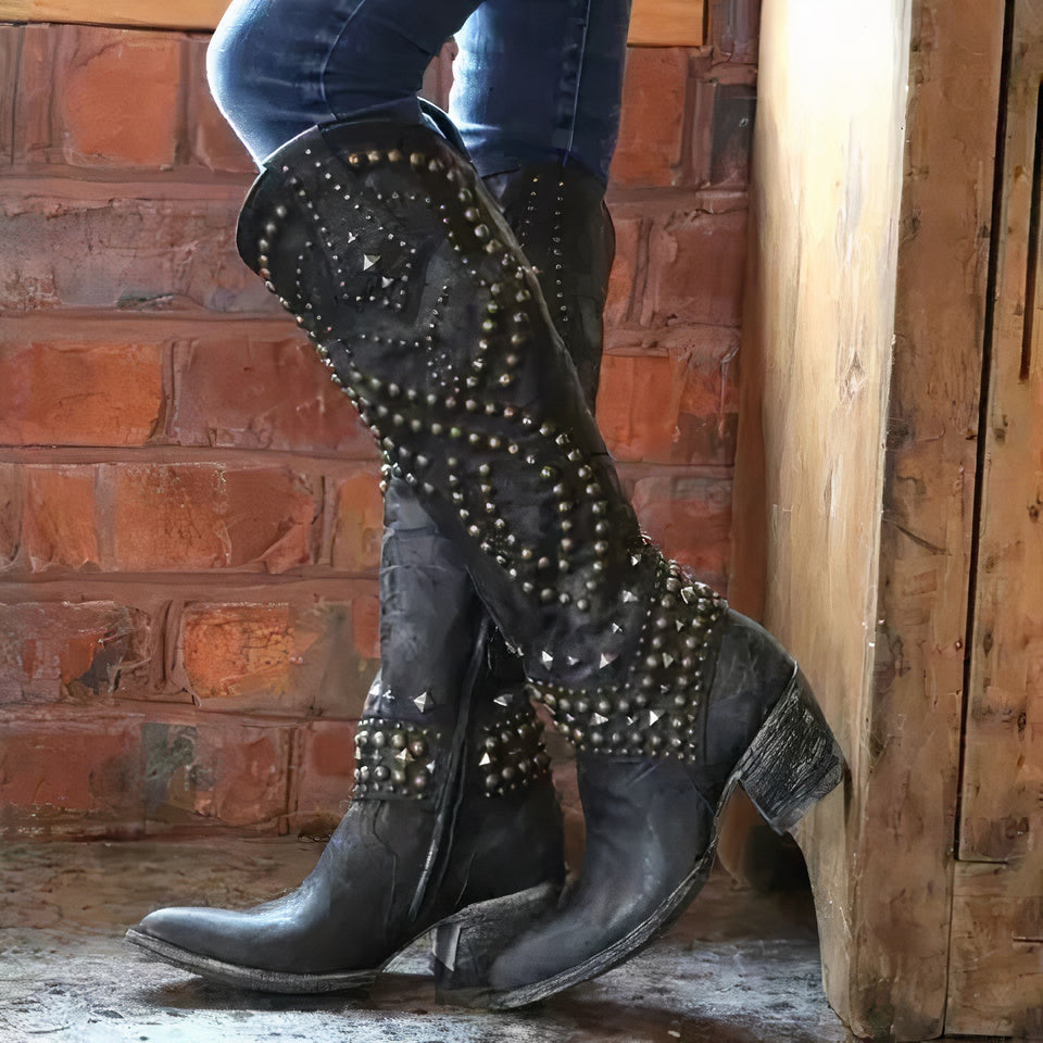 Stylish Women's Knee High Cowboy Boots with Rivet Detail, Chunky Thick Heel & Convenient Side Zip Closure