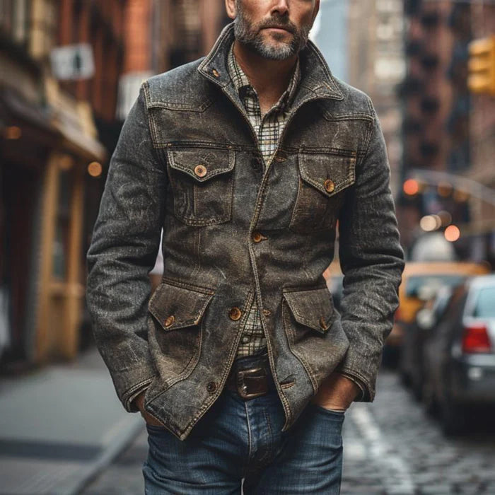 Roberto Russo Men's Rustic Denim Jacket - Classic Vintage Style, Durable Fabric, Perfect for Casual Wear