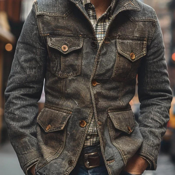 Roberto Russo Men's Rustic Denim Jacket - Classic Vintage Style, Durable Fabric, Perfect for Casual Wear