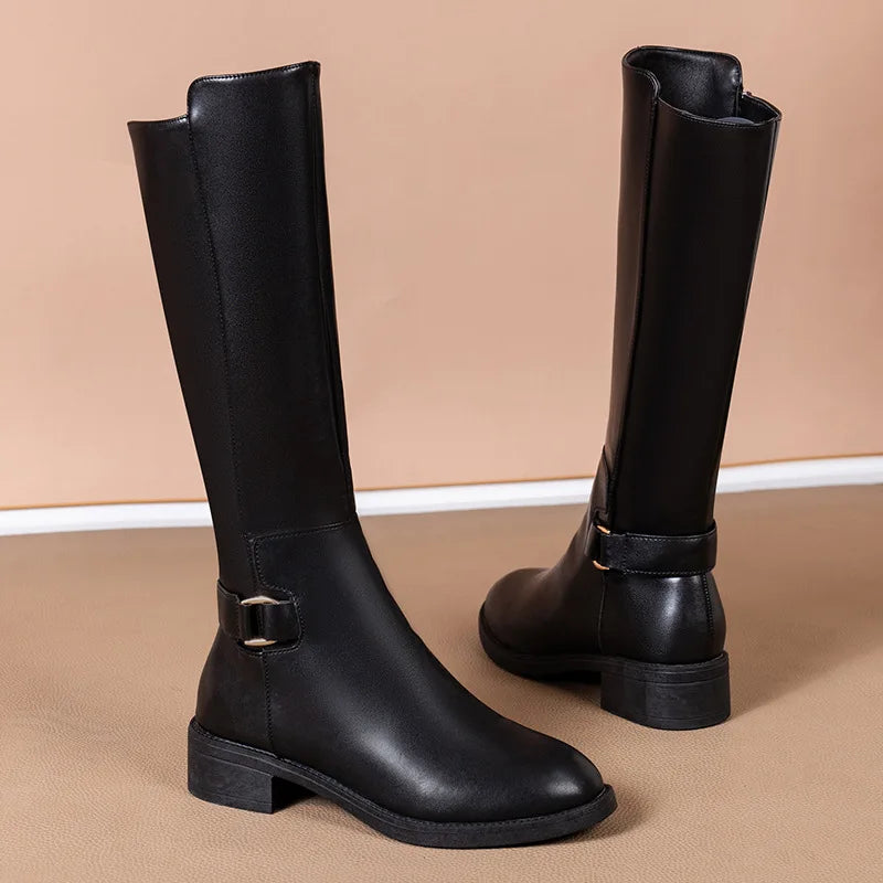 Stylish Women's Black Knee High Boots with Metal Buckle & Side Zip Closure - Perfect for Fall Fashion