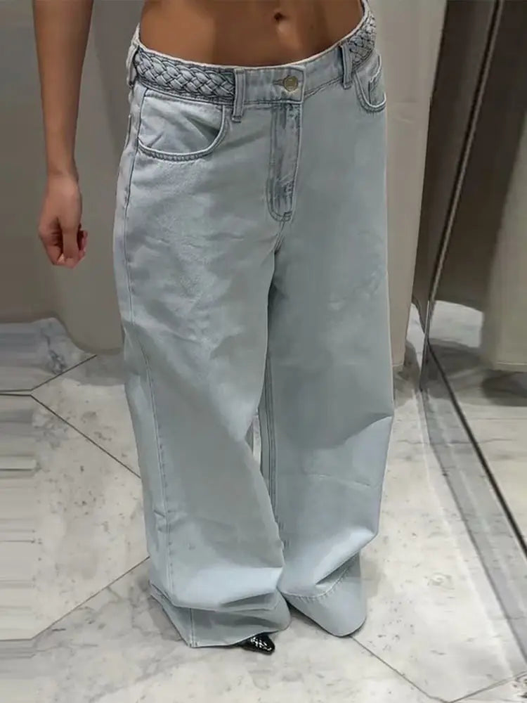 2025 Summer Women's Braided Twist Denim Wide Leg Trousers - High Street Low Waist Loose Jeans - Trendy Mopping Pants