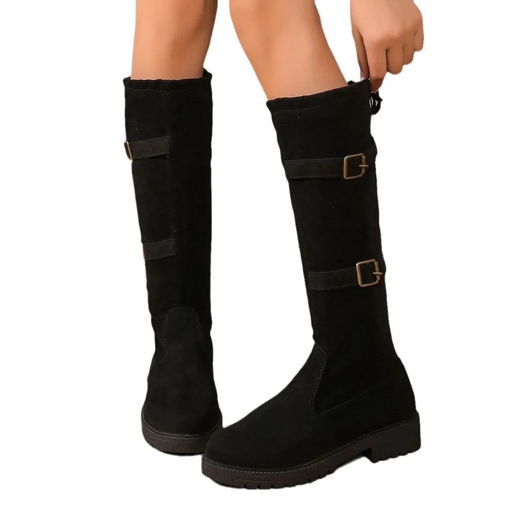Women's Classic Black Low Heel Knee High Boots - Timeless Style & Comfort