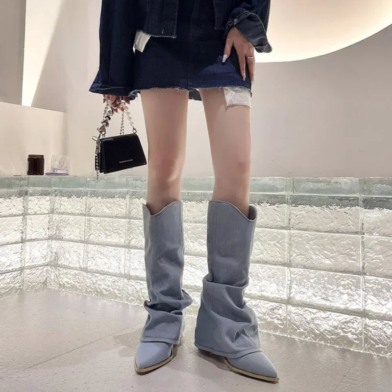 Stylish Women's Knee High Pleated Western Boots - Pointed Toe Heeled Design