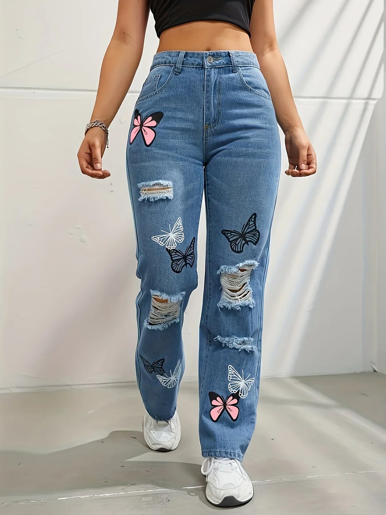 2024 Vintage Women's High Waist Distressed Denim Jeans - Casual Loose Fit Butterfly Print Straight Leg Trousers with Ripped Details