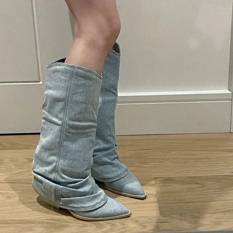 Stylish Women's Knee High Pleated Western Boots - Pointed Toe Heeled Design