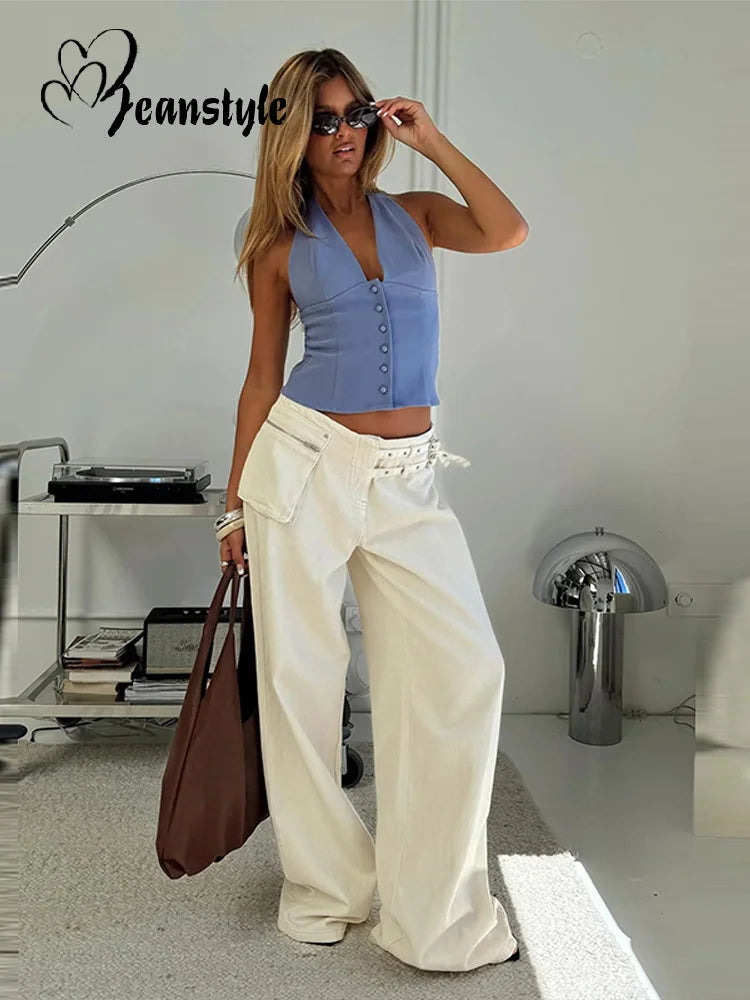 2025 Dames Jeans met Midden Taille - Wijde Pijpen & Zakken - Losse Denim Broek voor Lente/Zomer - Trendy All-Match Vrouwelijke Broek