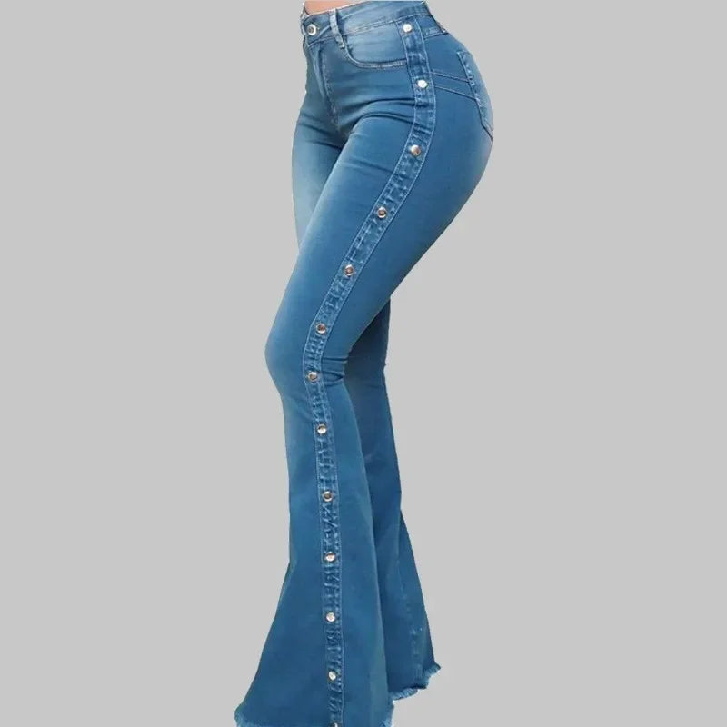 High Waist Stretch Denim Flare Jeans for Women - Vintage Buttoned Trousers | Autumn 2024 Streetwear | Floor-Length Fashion