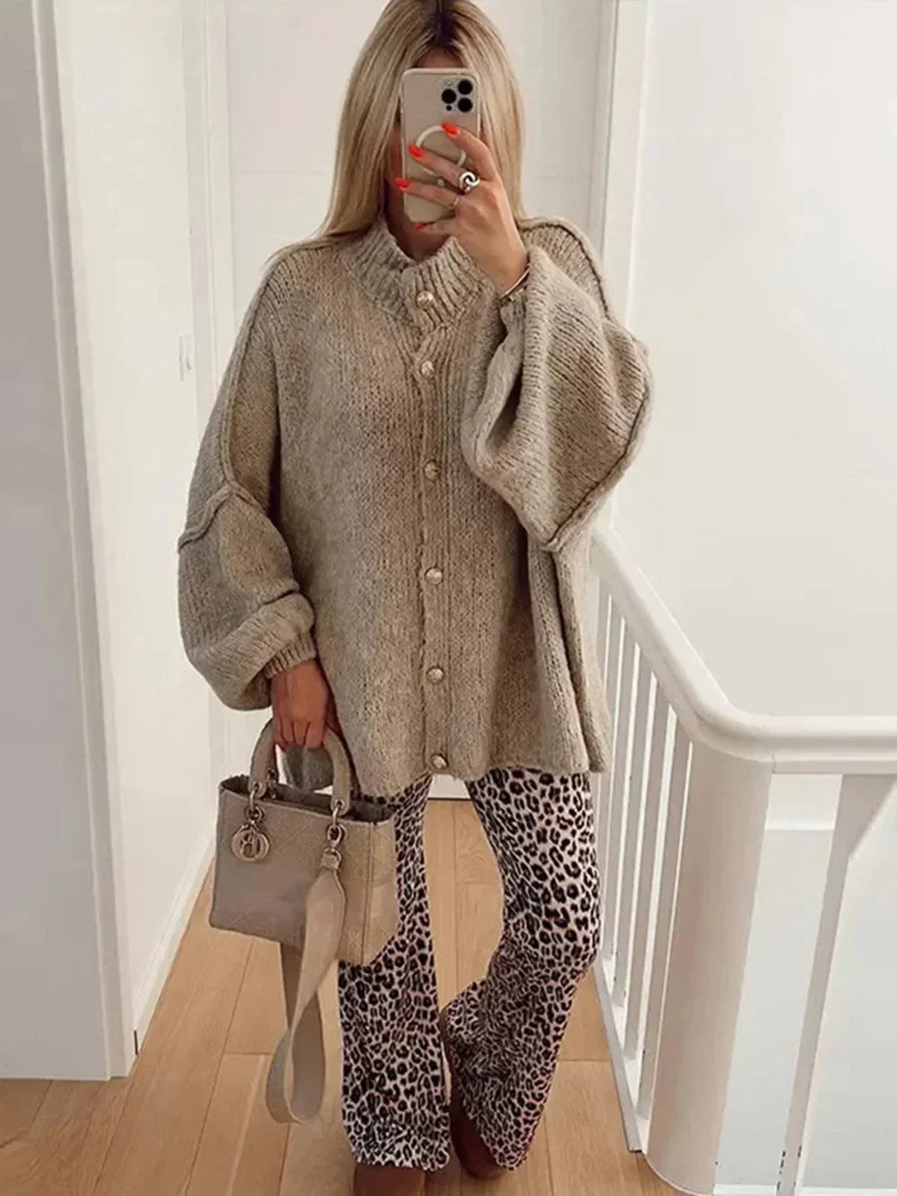 Chic Women's Bat Sleeve Cardigan with Stylish Lapel & Metal Button Accents - Perfect for Layering