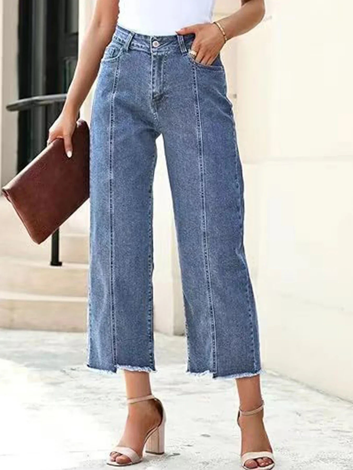 2025 Personalized Women's High Waist Wide Leg Straight Jeans - Stylish 3/4 Length Design