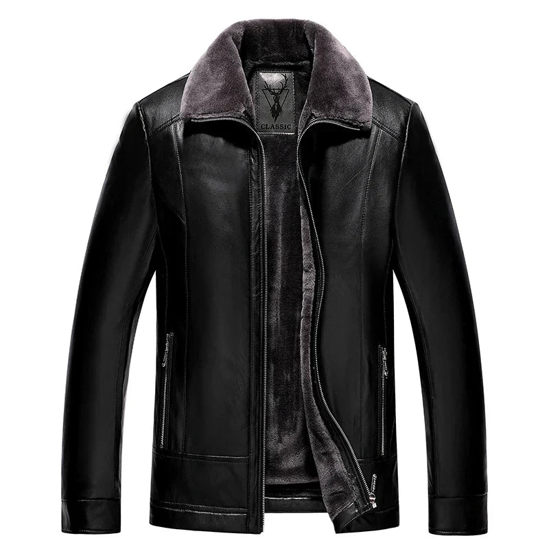 Leather Jacket Men Winter Fleece Warm Motorcycle Coats
