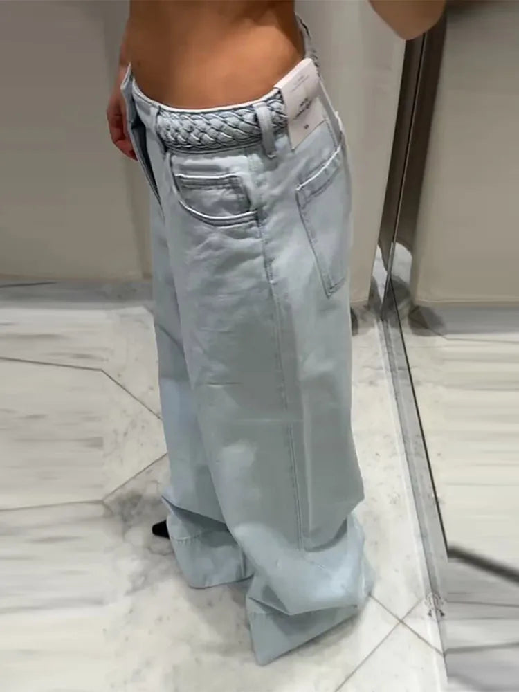 2025 Summer Women's Braided Twist Denim Wide Leg Trousers - High Street Low Waist Loose Jeans - Trendy Mopping Pants