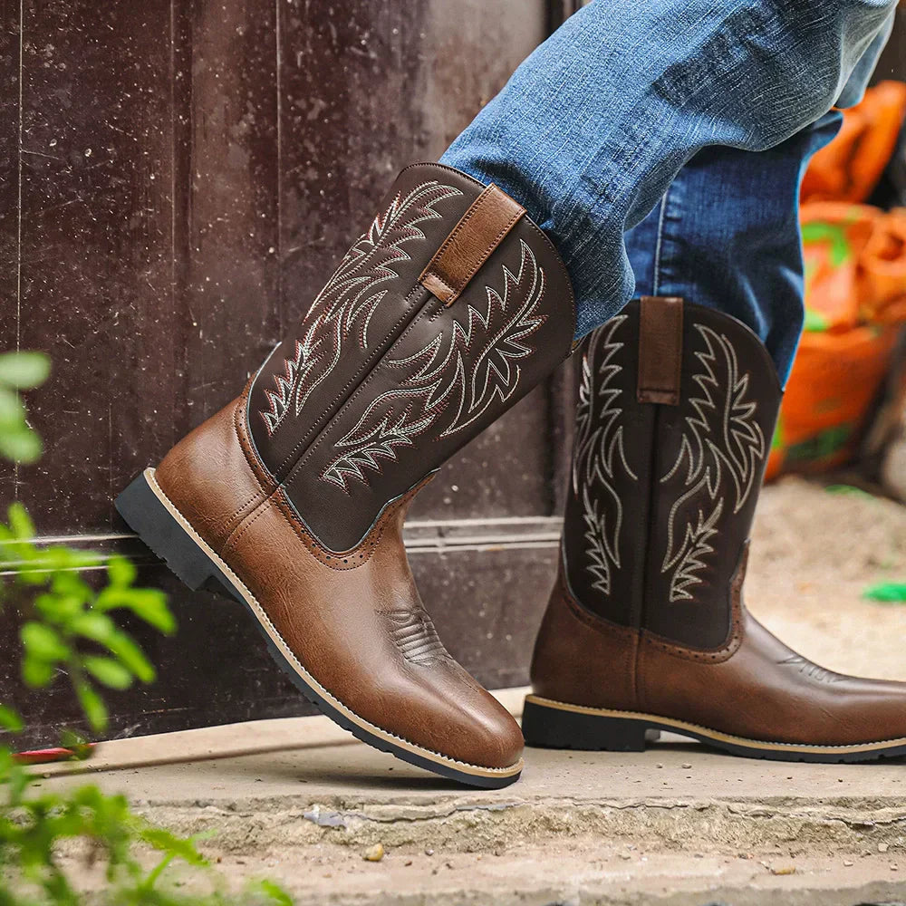 Men's Embroidered Western Cowboy Boots - Classic Mid-Calf Square Toe Design