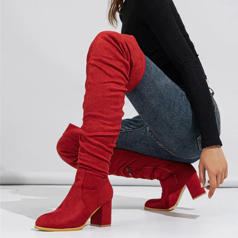 Stylish Women's Knee High Boots - Pointed Toe, Slouch Design, Block Heel - Perfect for Any Occasion