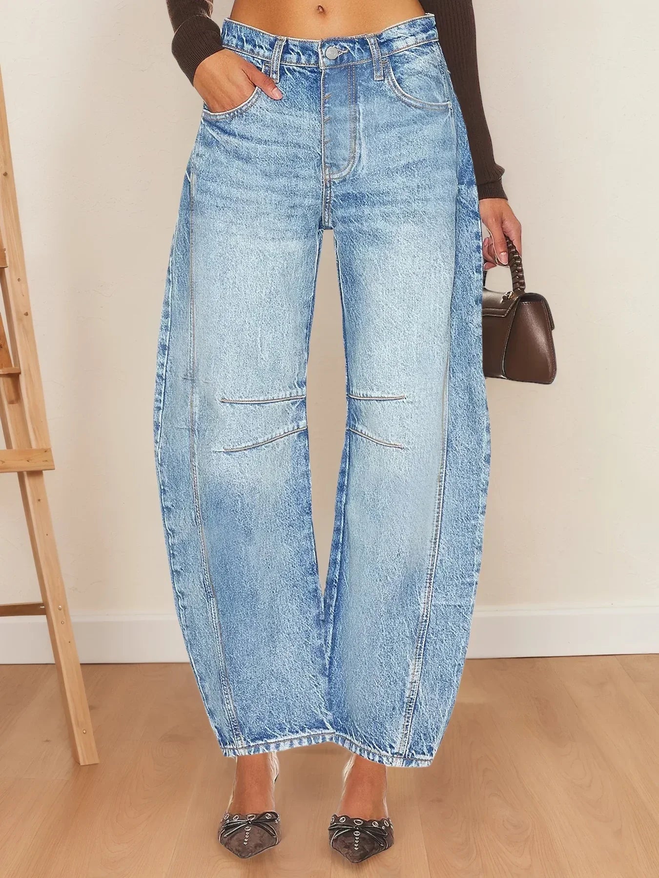 2025 Women's Mid-Waist Curved Straight Leg Cropped Denim Pants - Stylish, Casual & Comfortable Jeans for Everyday Wear