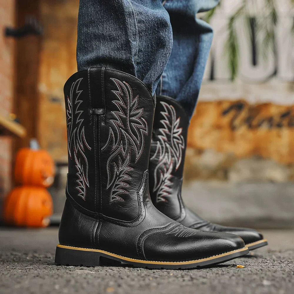 Men's Embroidered Western Cowboy Boots - Classic Mid-Calf Square Toe Design