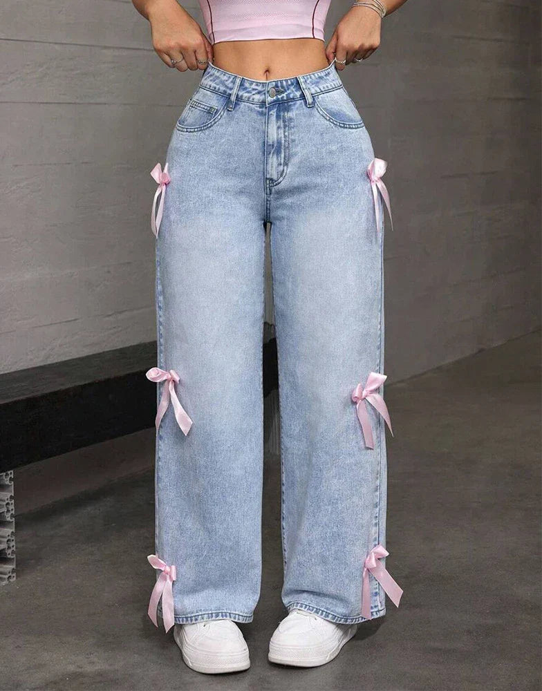 Dames Wide Leg Jeans met Strik - Hoge Taille Gewassen Denim - Vintage Streetwear Enkellang 2025