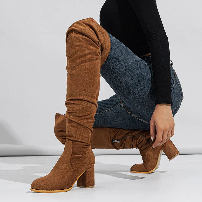 Stylish Women's Knee High Boots - Pointed Toe, Slouch Design, Block Heel - Perfect for Any Occasion